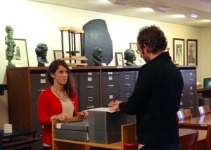 One of our staff talks through what needs to be digitized for a patron.