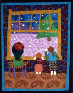 "Snow!"  A fabric picture designed and appliqued by your granddaughter Meg Prange in 2008. illustrating  your poem "Headlights Shine."