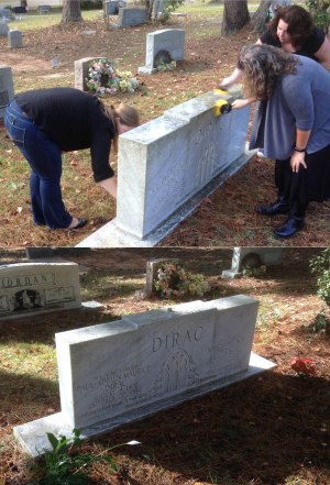 Top: Krystal Thomas, Katie McCormick, and Susan Contente remove grime from the Dirac headstone. Below: A clean headstone with fresh flowers planted on either side.