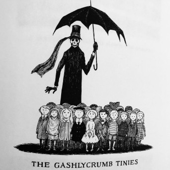 Black and white illustration of a group of children in the shadow of a tall, skeletal man titled The Gashlycrumb Tinies.
