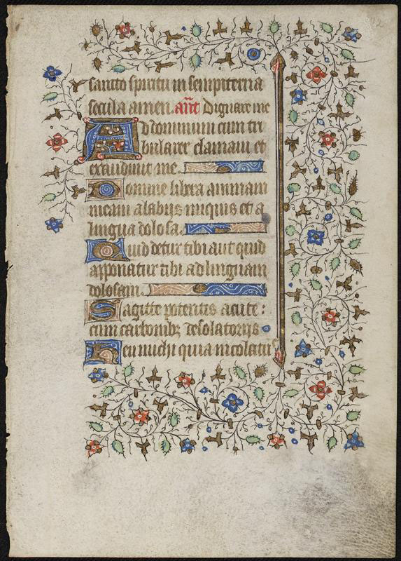 A page from a Medieval book, the text is in gold script and there are decorative flowers and vines around the text.
