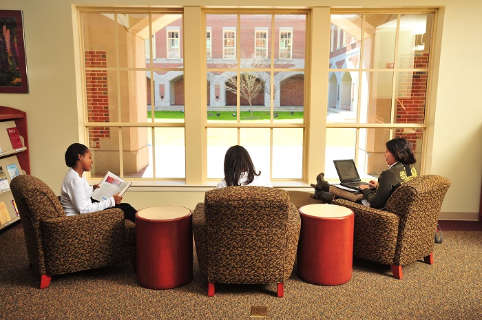 Students enjoy the newly renovated Maguire Library, 2010